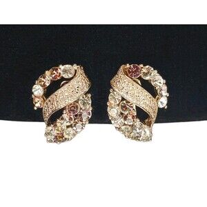 Vintage 50s Signed CORO Pegasus Gold Tone Rhinestone Clip-On Earrings Retro Glam